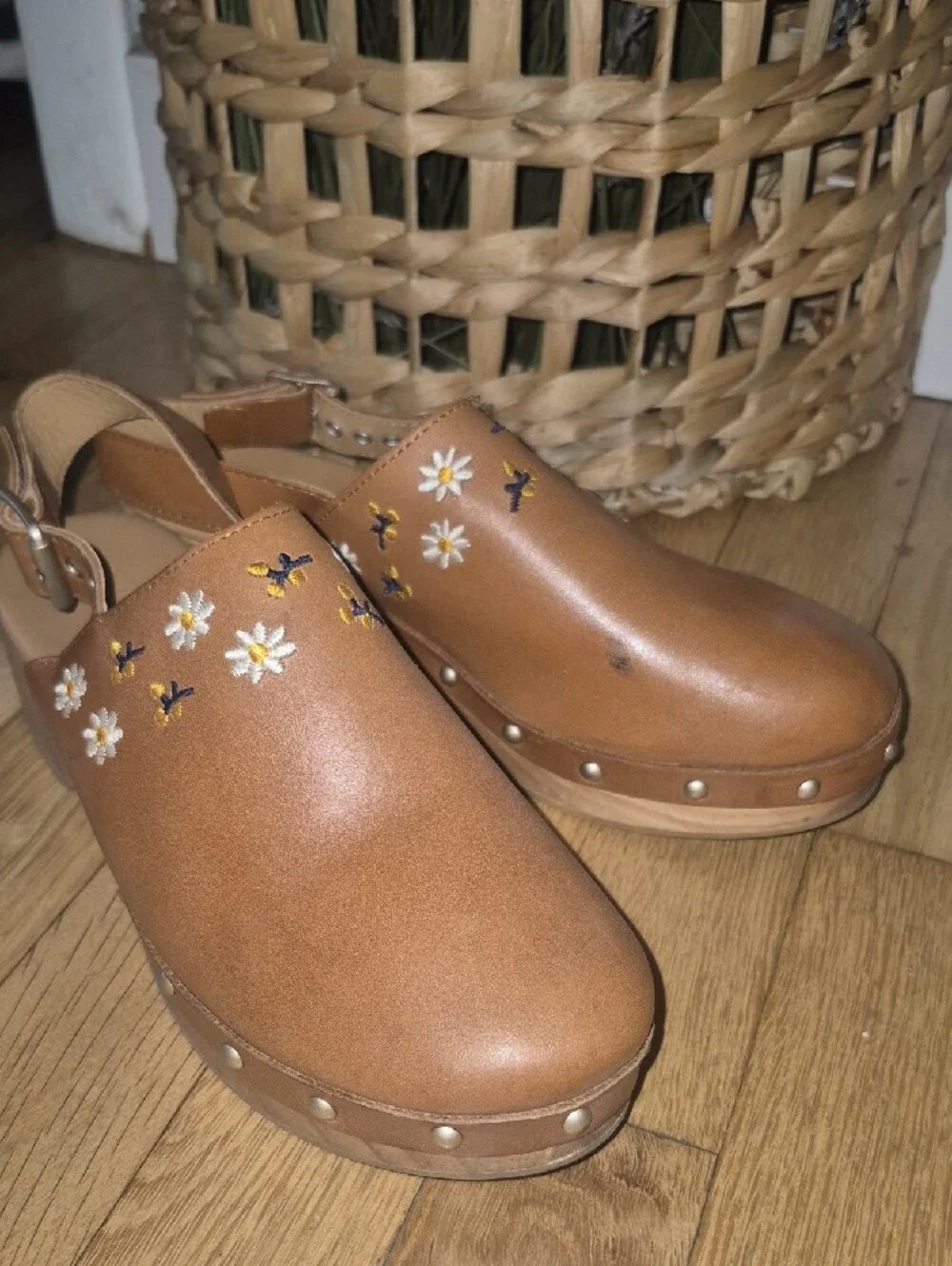 Zara Girls Brown Leather Floral Embroidered Clogs